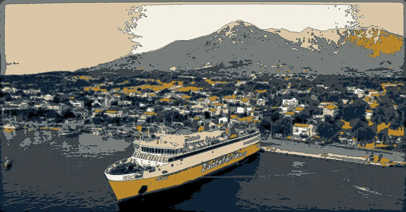 Illustration: the ferry Adamantios Korais moored at Kamariotissa below Mount Fengari