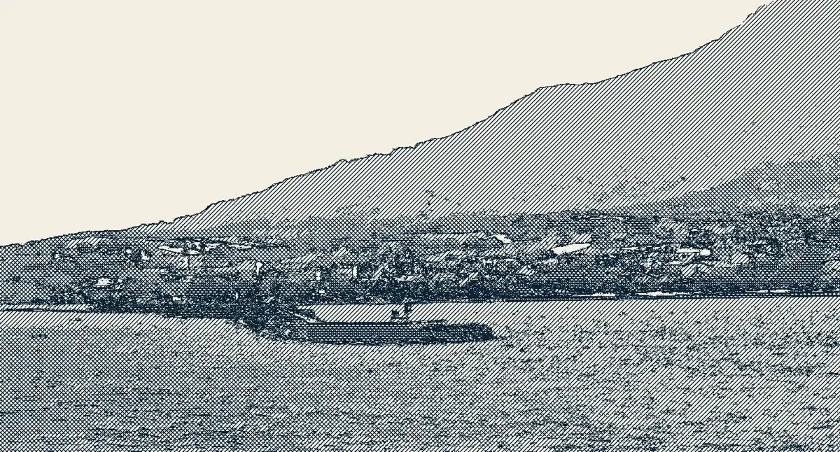 Engraving-style illustration: Kamariotissa harbour and its breakwater, with Fengari behind