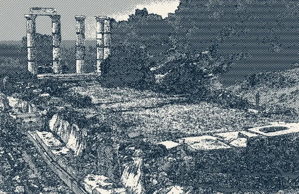 Engraving-style illustration: columns of the Sanctuary of the Great Gods, Palaiopolis